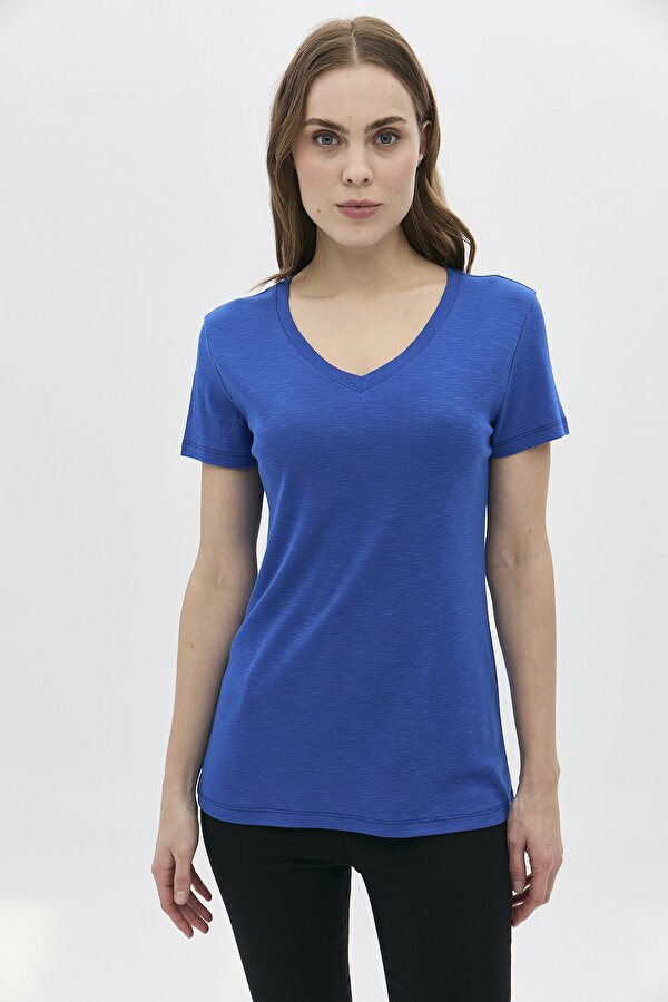 Kadın V Yaka Kısa Kollu Pamuklu Basic T-Shirt 5982 Saks