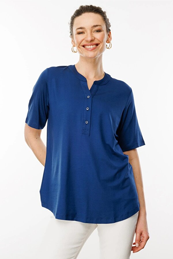 Kadın Yakası Düğmeli Penye T-Shirt 25764 Indigo
