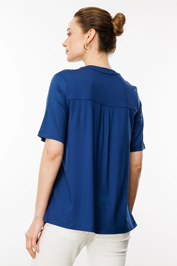 Kadın Yakası Düğmeli Penye T-Shirt 25764 Indigo