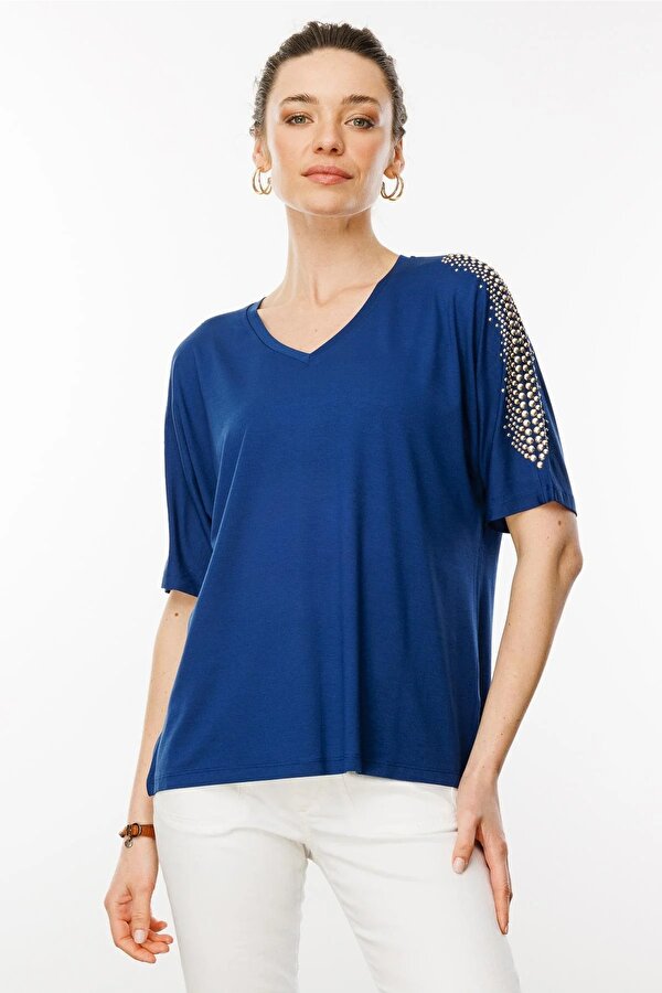 Kadın V Yaka Omuzları Taşlı Penye T-Shirt 25754 Indigo