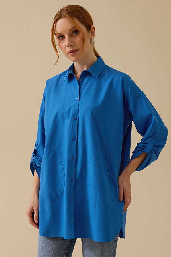 Kadın Katlanabilir Kollu Oversize Gömlek 0012 Mavi