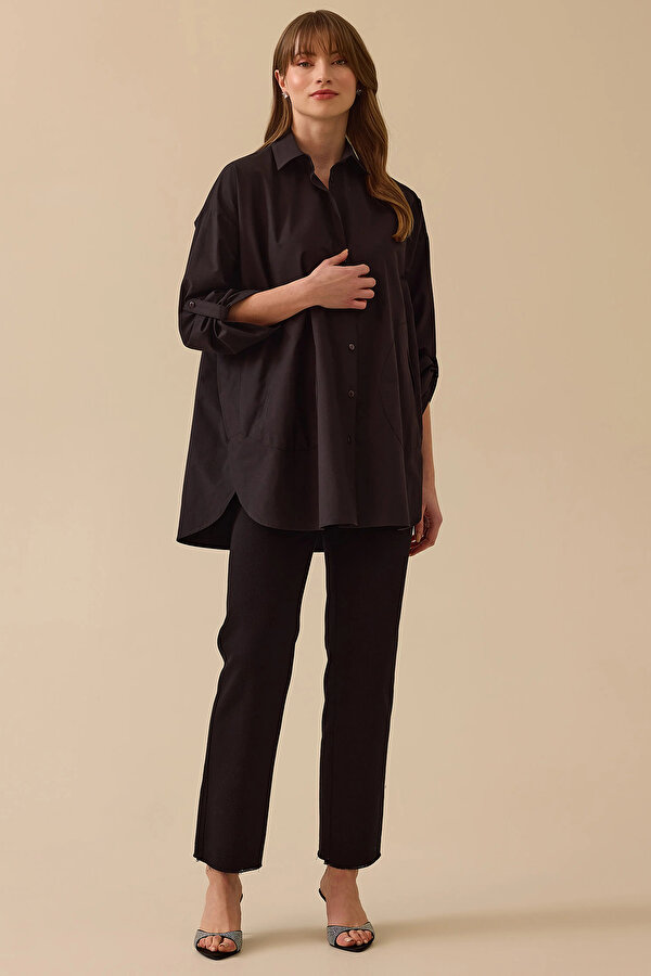 Kadın Katlanabilir Kollu Oversize Gömlek 0012 Siyah