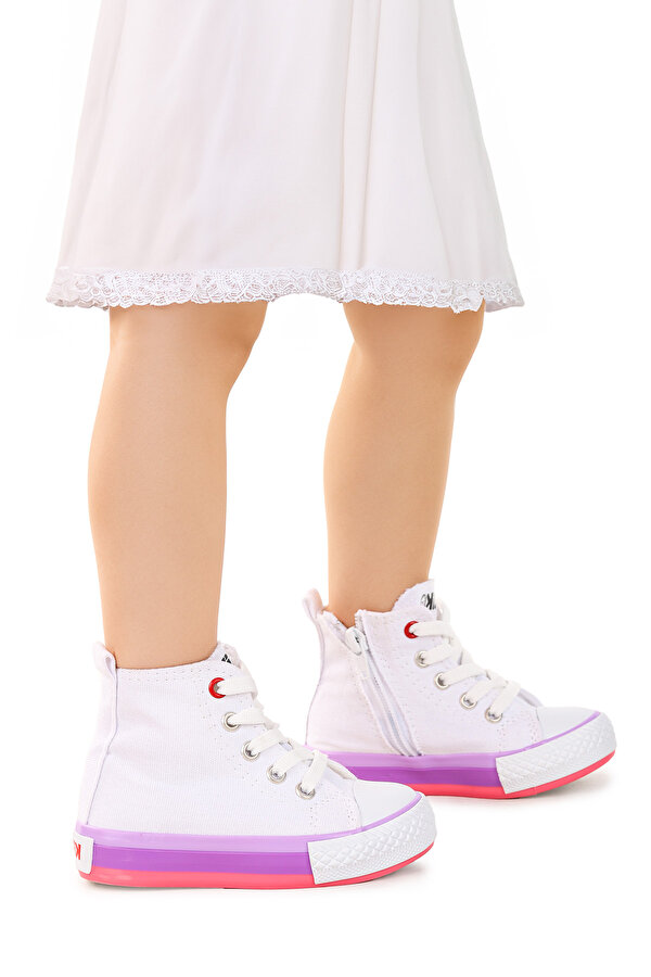 Tinna Bağcıklı Kız Bebek Boğazlı Keten Spor Ayakkabı Beyaz - Pembe