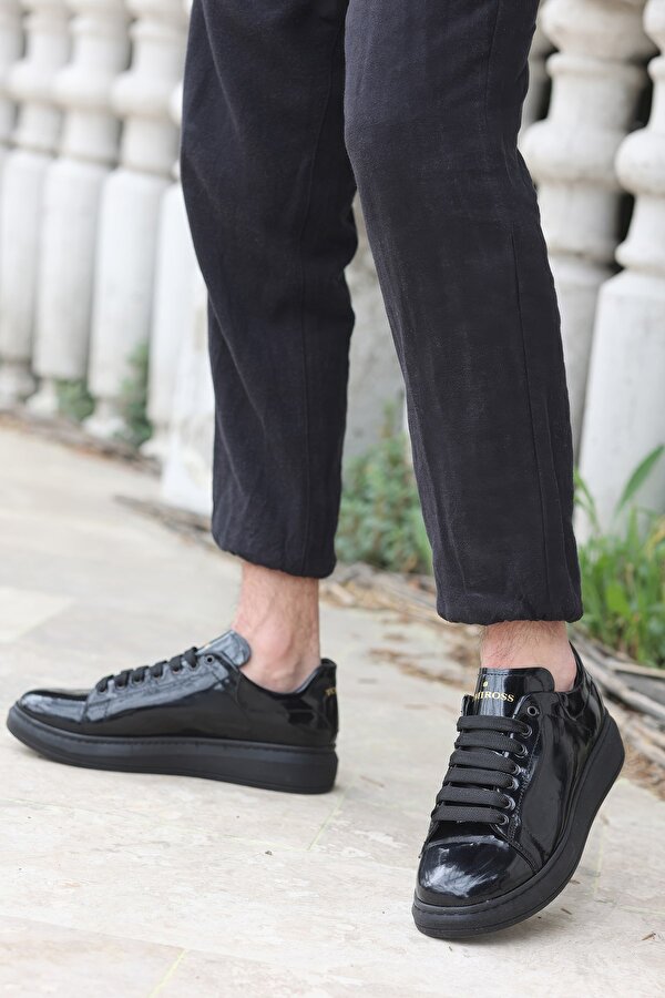 Valendo Siyah Rugan Garantili Erkek Günlük Casual Bağcıklı Tabanlı Sneaker Spor Ayakkabı