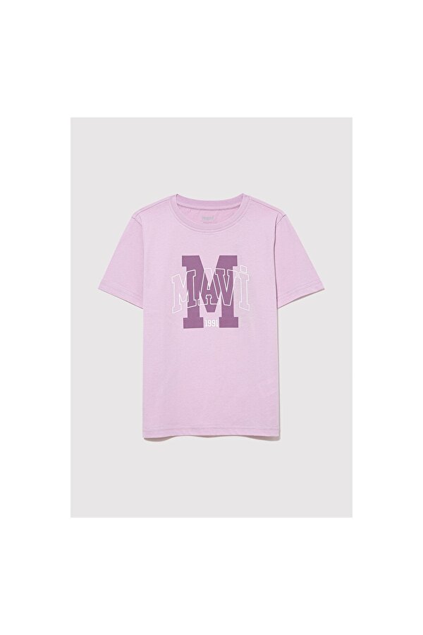 ̇ Logo Baskili Ti̇şört Toz Orkide Moru