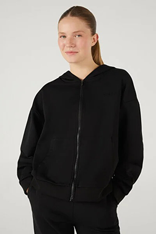 Essential Siyah Kadın Fermuarlı Sweatshirt
