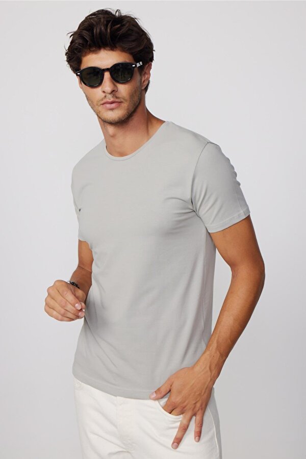 Erkek Slim Fit Dar Kesim Pamuklu Yumuşak Doku Likralı Esnek Kumaş Basic Gri Bisiklet Yaka Tişört