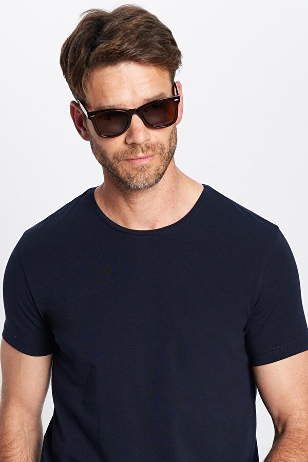 Erkek Slim Fit Dar Kesim Pamuklu Likralı Esnek Kumaş Basic Lacivert Bisiklet Yaka Tişört