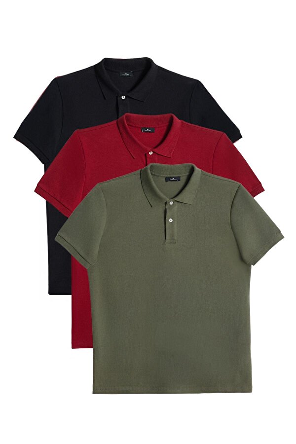 Erkek 3 lü Paket Siyah-Bordo-Haki Slim Fit Dar Kesim Pamuklu Düz Pike Polo Yaka Tişört