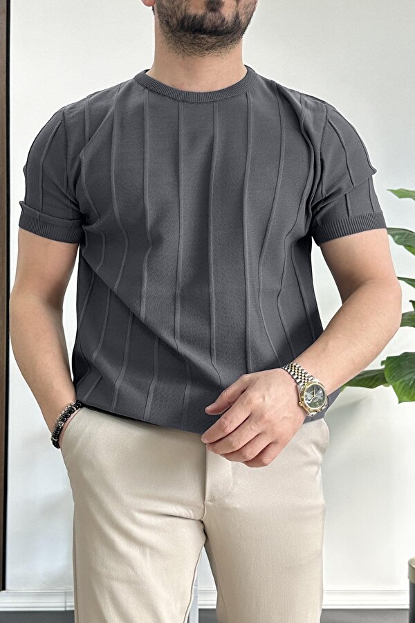 Erkek Bisiklet Yaka Desenli Tişört Füme Edw260