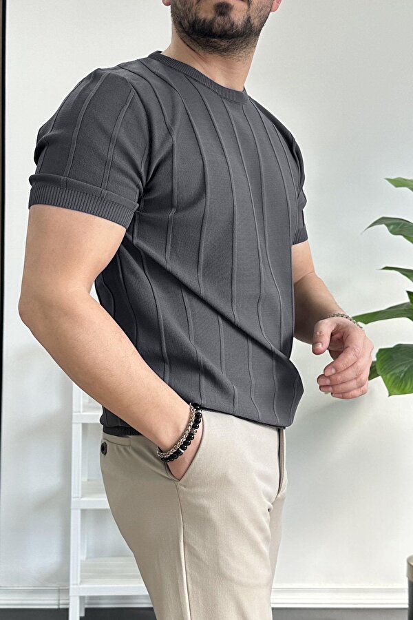 Erkek Bisiklet Yaka Desenli Tişört Füme Edw260