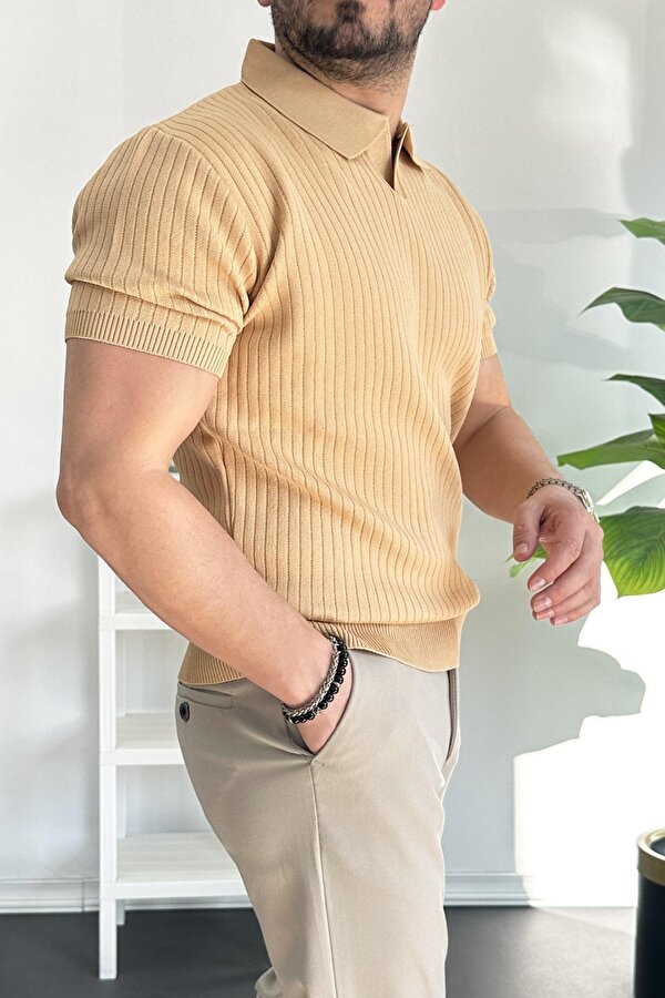 Erkek Açık Yaka Çizgili Desenli Tişört Sarı Edw258