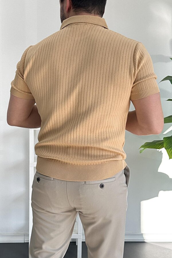 Erkek Açık Yaka Çizgili Desenli Tişört Sarı Edw258