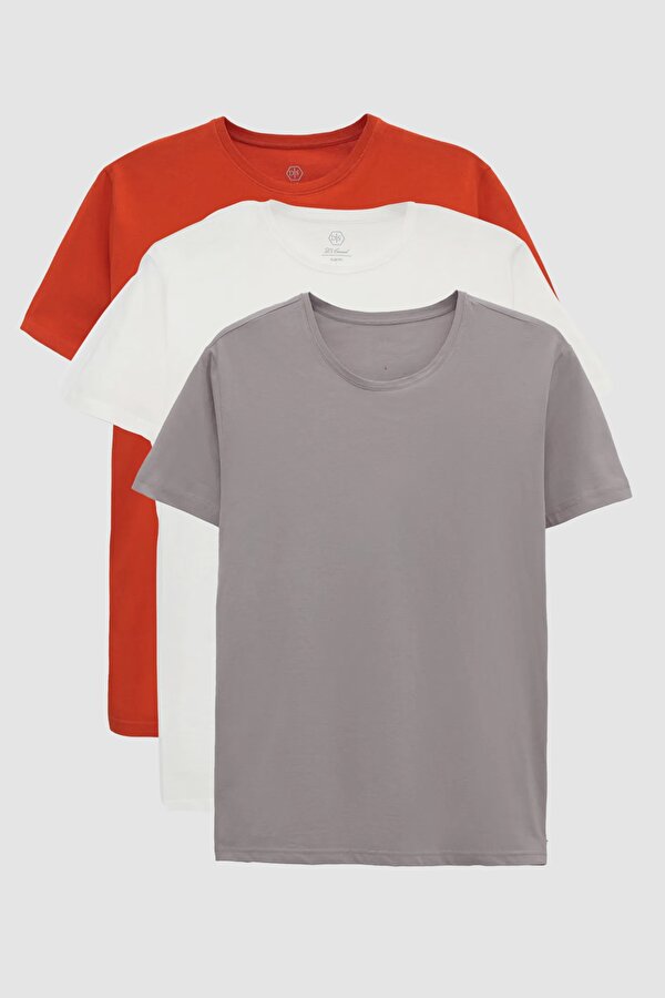 Ds Damat Slim Fit Kiremit/Gri/Beyaz 3 Lü T-Shirt