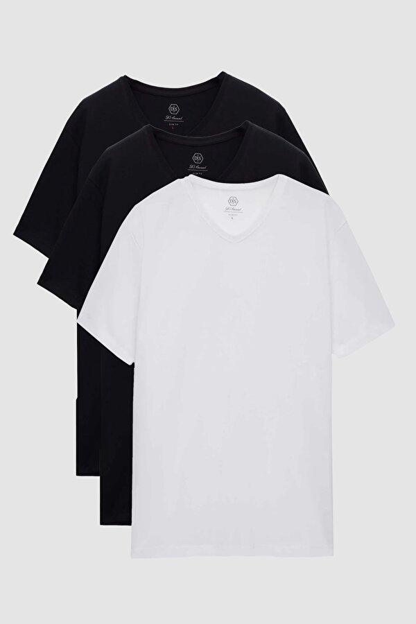 Ds Damat Slim Fit Siyah/Beyaz 3 Lü Set V Yaka T-Shirt