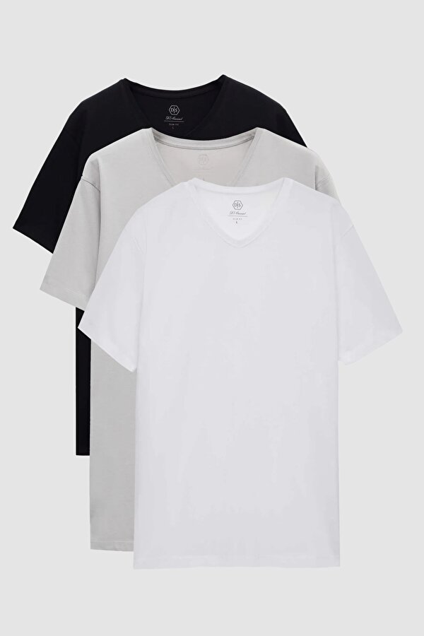 Ds Damat Slim Fit Siyah/Gri/Beyaz 3 Lü Set V Yaka T-Shirt