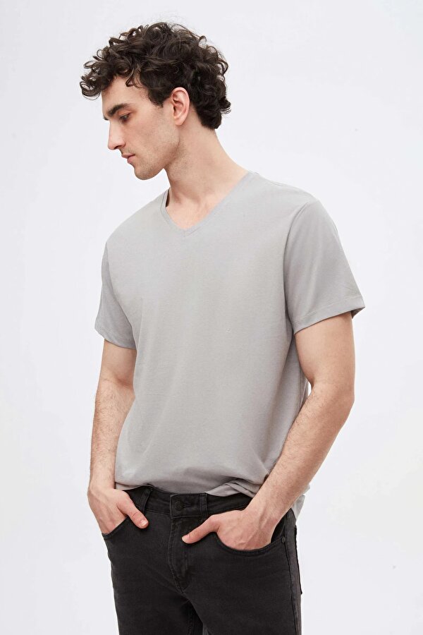 Ds Damat Slim Fit Siyah/Gri/Beyaz 3 Lü Set V Yaka T-Shirt