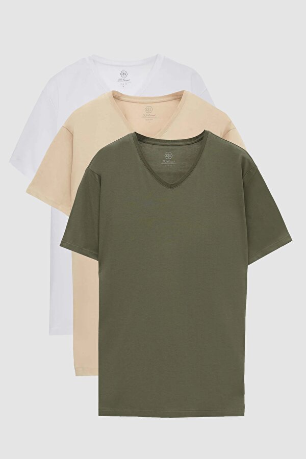 Ds Damat Slim Fit Haki/Bej/Beyaz 3 Lü Set V Yaka T-Shirt