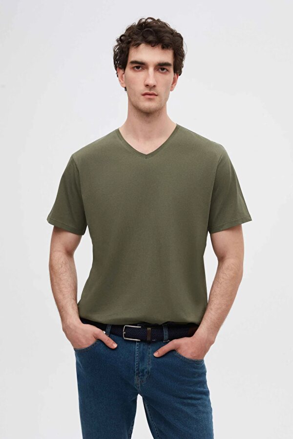 Ds Damat Slim Fit Haki/Bej/Beyaz 3 Lü Set V Yaka T-Shirt