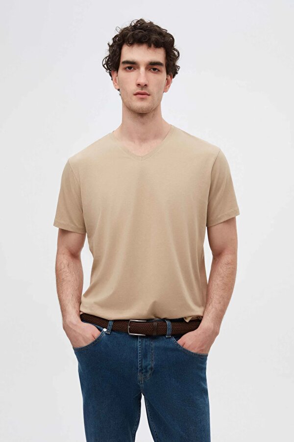 Ds Damat Slim Fit Haki/Bej/Beyaz 3 Lü Set V Yaka T-Shirt