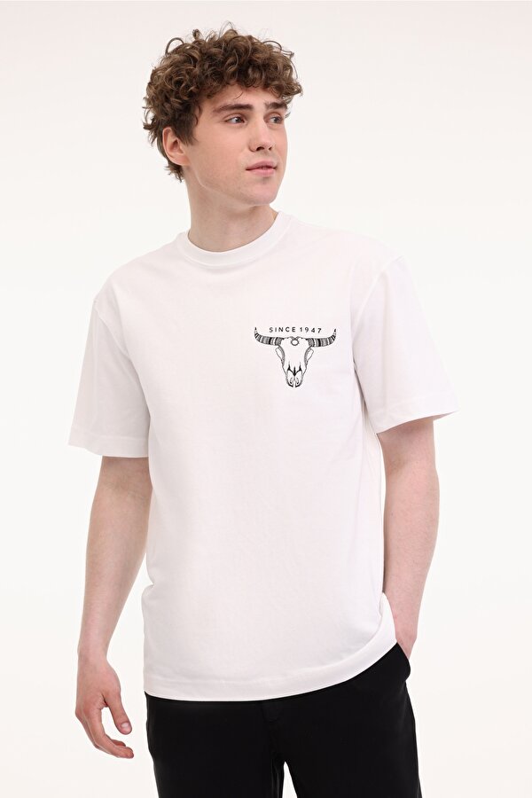 Loose Fit Grafik Logo Beyaz Erkek Kısa Kol T-Shirt