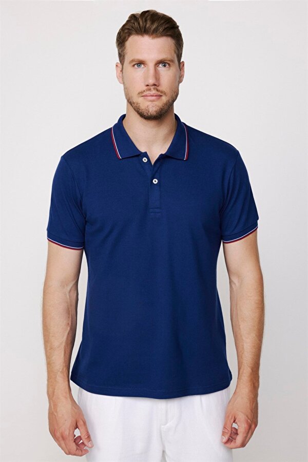 Erkek Slim Fit Dar Kesim %100 Pamuk Düz Pike Kol Şeritli Lacivert Polo Yaka Tişört