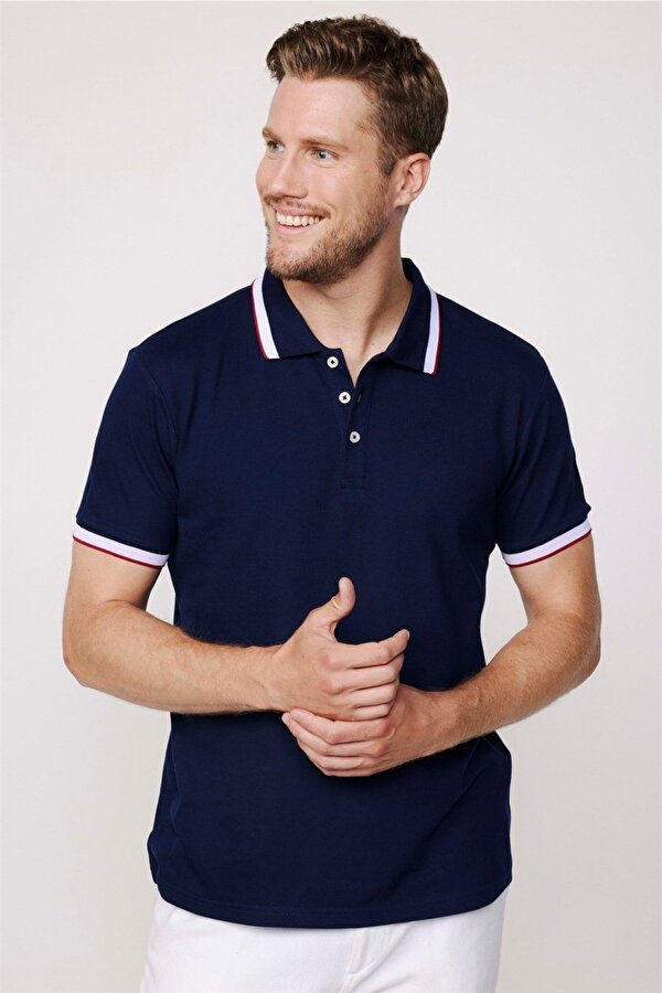 Erkek Slim Fit Dar Kesim %100 Pamuk Düz Pike Kol Şeritli Lacivert Polo Yaka Tişört