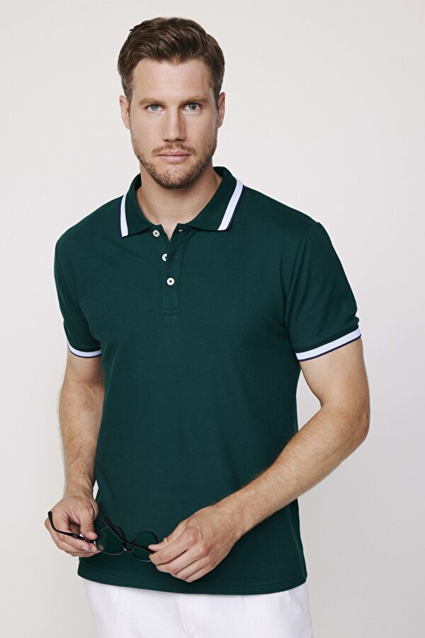 Erkek Slim Fit Dar Kesim %100 Pamuk Düz Pike Kol Şeritli Yeşil Polo Yaka Tişört