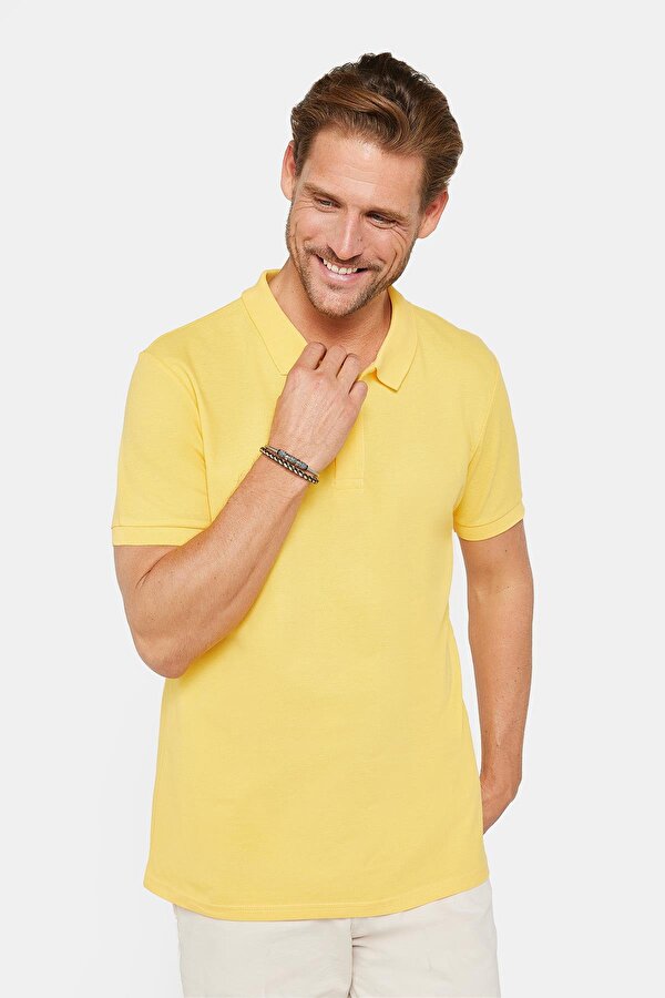 Erkek Slim Fit Dar Kesim %100 Pamuk Düz Pike Sarı Polo Yaka Tişört
