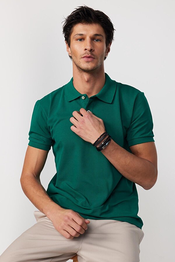 Erkek Slim Fit Dar Kesim %100 Pamuk Düz Pike Yeşil Polo Yaka Tişört