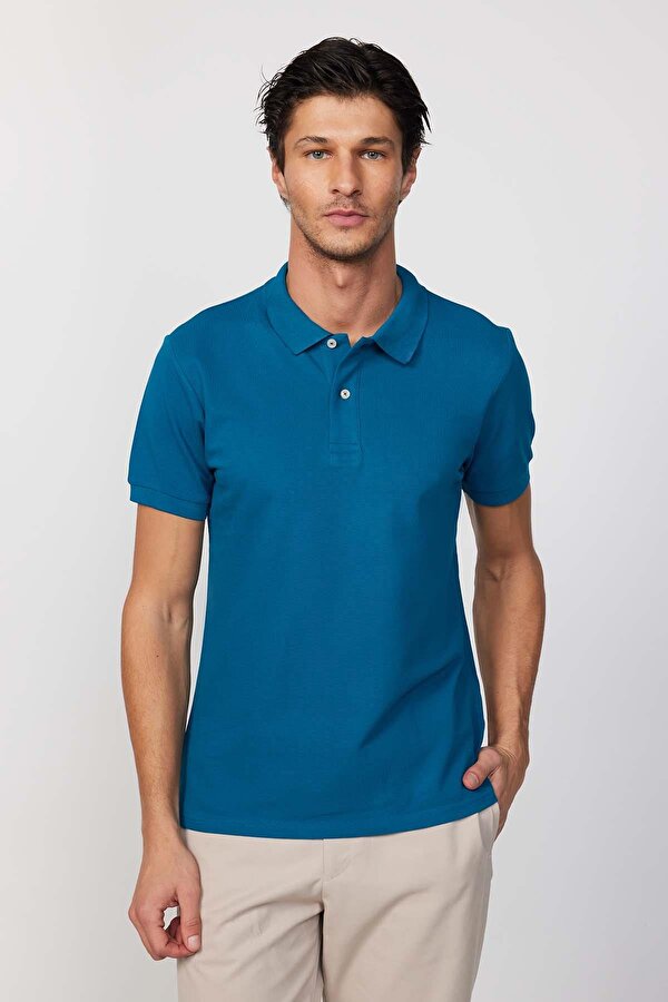 Erkek Slim Fit Dar Kesim %100 Pamuk Düz Pike Petrol Renk Polo Yaka Tişört
