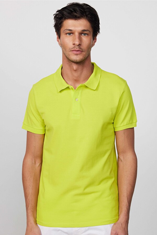 Erkek Slim Fit Dar Kesim %100 Pamuk Düz Pike Yeşil Polo Yaka Tişört