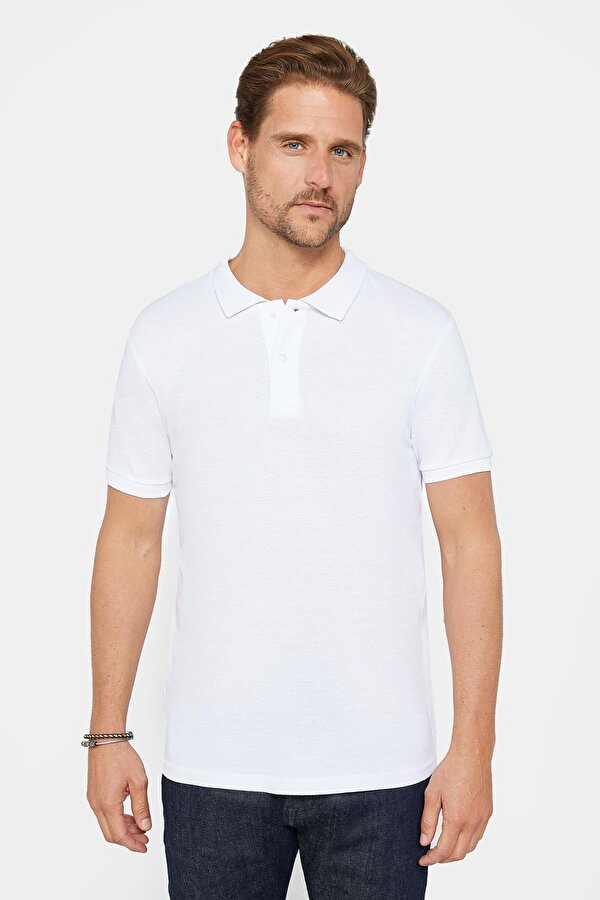 Erkek Slim Fit Dar Kesim Pamuklu Yumuşak Dokulu Serin Tutan Kumaş Düz Pike Beyaz Polo Yaka Tişört