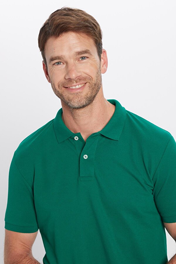 Erkek Slim Fit Dar Kesim Pamuklu Yumuşak Dokulu Serin Tutan Kumaş Düz Pike Yeşil Polo Yaka Tişört