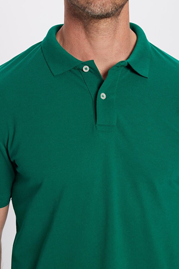 Erkek Slim Fit Dar Kesim Pamuklu Yumuşak Dokulu Serin Tutan Kumaş Düz Pike Yeşil Polo Yaka Tişört