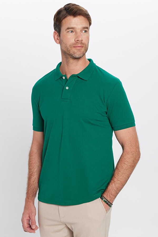 Erkek Slim Fit Dar Kesim Pamuklu Yumuşak Dokulu Serin Tutan Kumaş Düz Pike Yeşil Polo Yaka Tişört