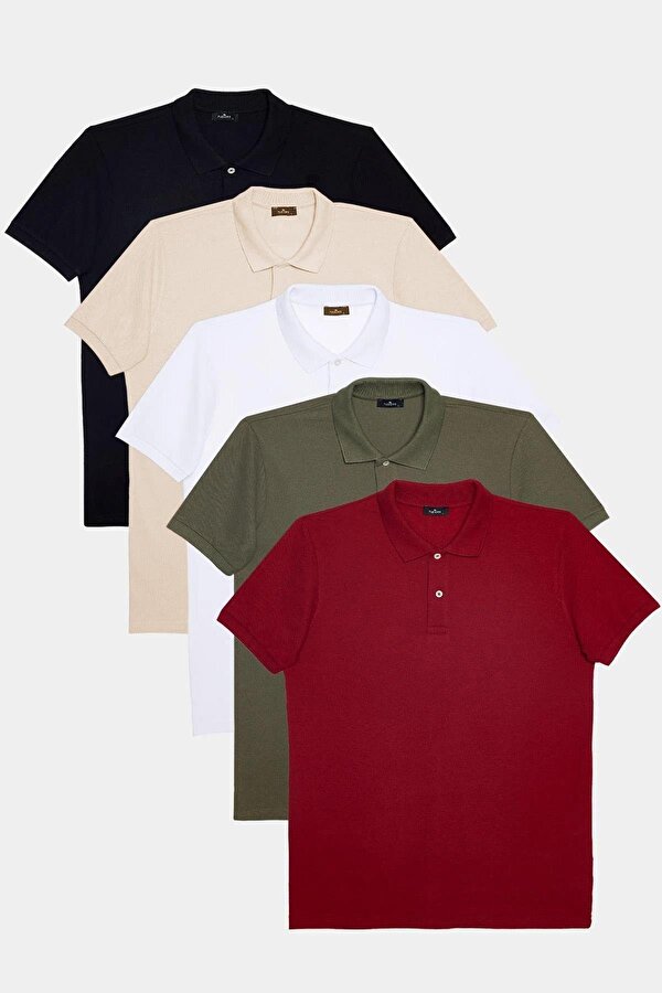 Erkek 5 li Paket Siyah-Beyaz-Taş-Haki-Bordo Slim Fit Dar Kesim Pamuklu Düz Pike Polo Yaka Tişört