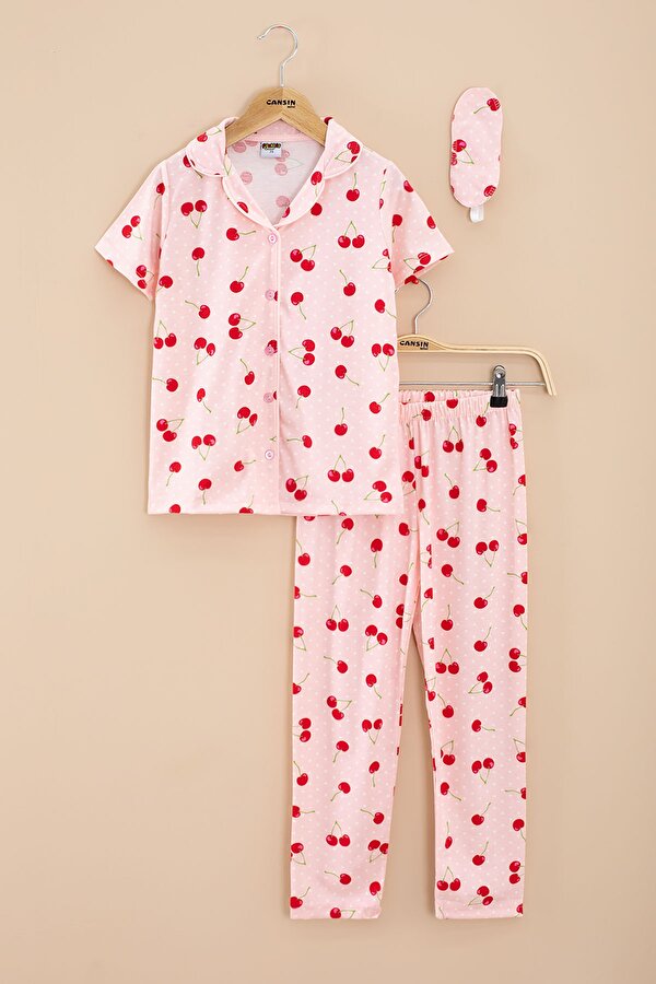 Somon Puantiyeli Kiraz Desenli Kısa Kol Kız Çocuk Pijama Takımı (Göz Bantlı) 20565