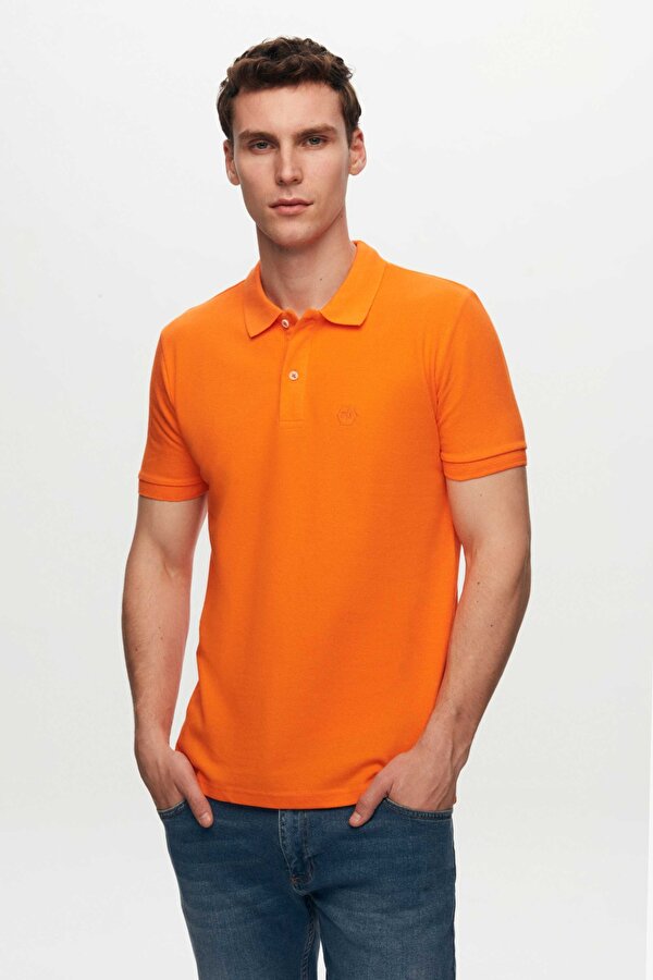 Ds Damat Regular Fit Turuncu Pike Dokulu %100 Pamuk Kıvrılmaz Polo Yaka Nakışlı T-Shirt
