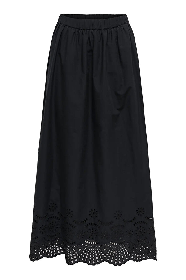 Kadın Onllou Beli Lastikli Etek Ucu Dantelli %100 Pamuk Maxi Etek 15342574 Siyah