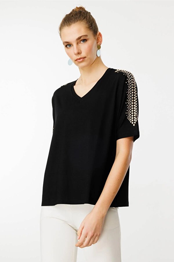 Kadın V Yaka Omuzları Taşlı Penye T-Shirt 25754 Siyah