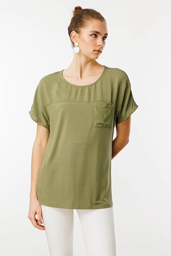 Kadın Sıfır Yaka Önü Cepli Penye T-Shirt 25830 Haki