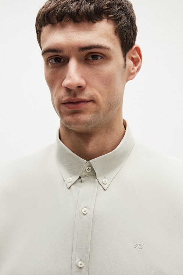 Ds Damat Slim Fit Adaçayı Oxford Düğmeli Yaka Kolay Ütülenebilir Nakış Detaylı Pamuklu Gömlek