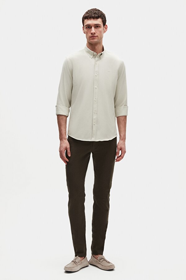 Ds Damat Slim Fit Adaçayı Oxford Düğmeli Yaka Kolay Ütülenebilir Nakış Detaylı Pamuklu Gömlek