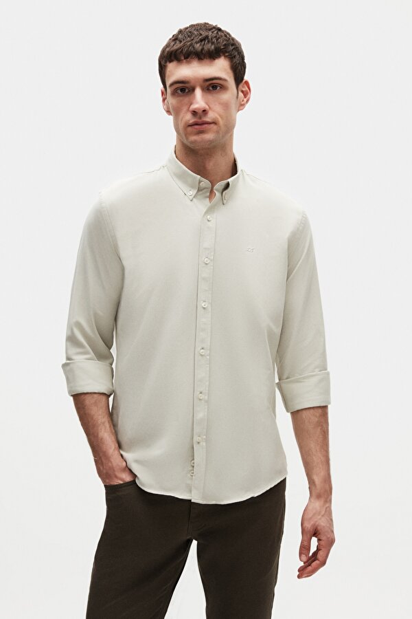 Ds Damat Slim Fit Adaçayı Oxford Düğmeli Yaka Kolay Ütülenebilir Nakış Detaylı Pamuklu Gömlek