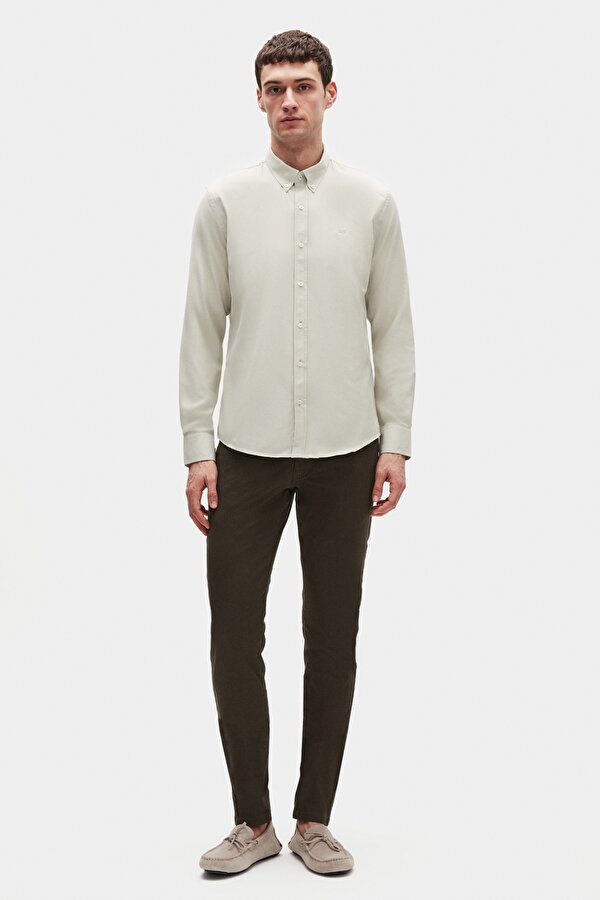 Ds Damat Slim Fit Adaçayı Oxford Düğmeli Yaka Kolay Ütülenebilir Nakış Detaylı Pamuklu Gömlek