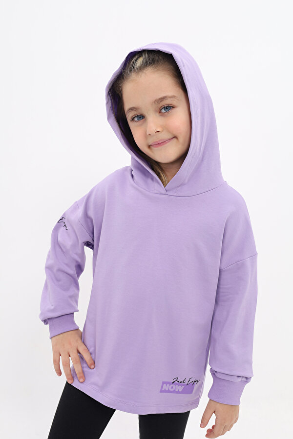 Toontoy Kız Çocuk Relax Fit Kapüşonlu Düşük Omuz Baskılı Sweatshirt -  2 İplik