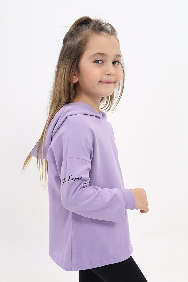 Toontoy Kız Çocuk Relax Fit Kapüşonlu Düşük Omuz Baskılı Sweatshirt -  2 İplik