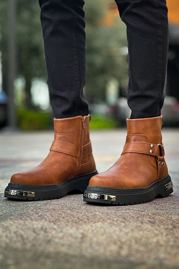 Fermuarlı Erkek Düz Bot Taba