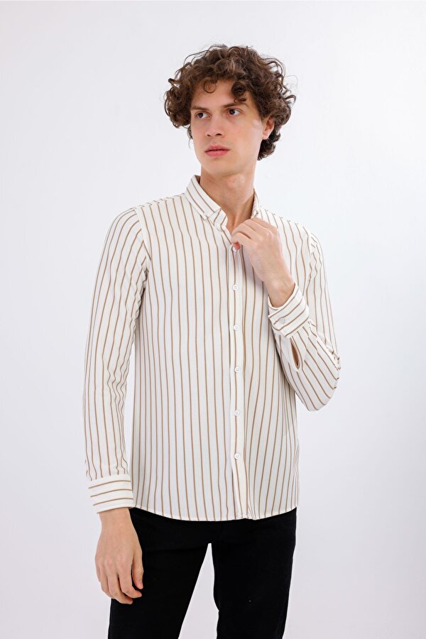 AUDERE Uzun Kollu Çizgili Gömlek - Taba